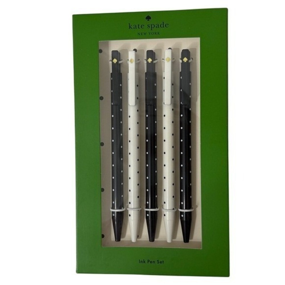 Kate‎ Spade New York Ink Pen Set 5 Pack Black White Polka Dot Gold  Logo NIB